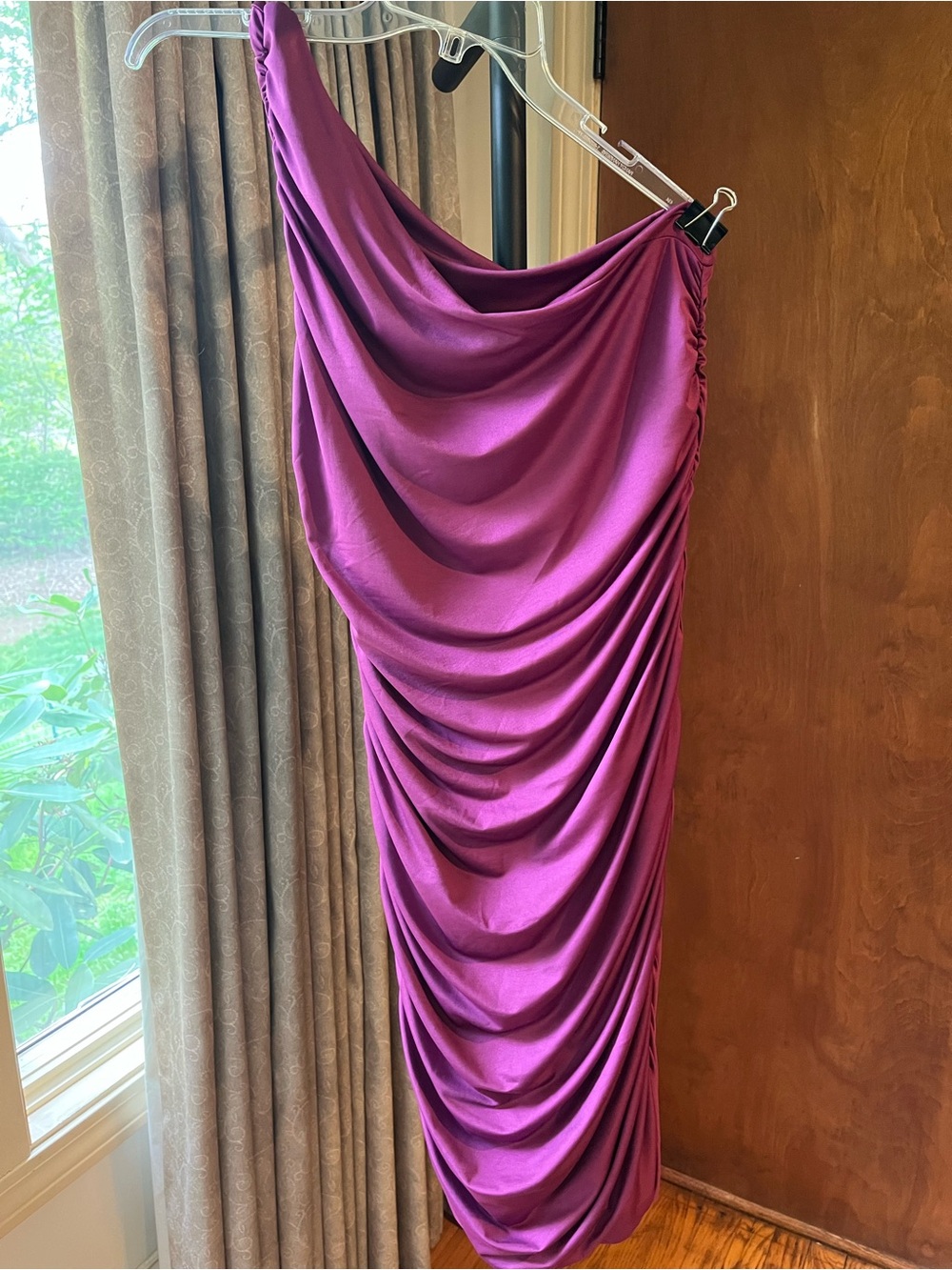 Draped One-Shoulder Midi Dress - Magenta